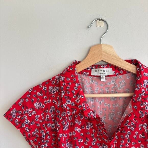 HAYDEN Floral Short Sleeve Midi Shirt Dress Red L - Picture 5 of 9